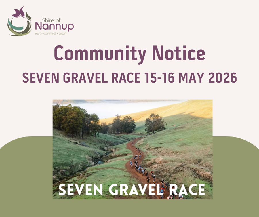 Photo: COMMUNITY NOTICE: SEVEN Gravel Race (15–16 May) Returns to Nannup with up to 5,000 visitors expected on race day.