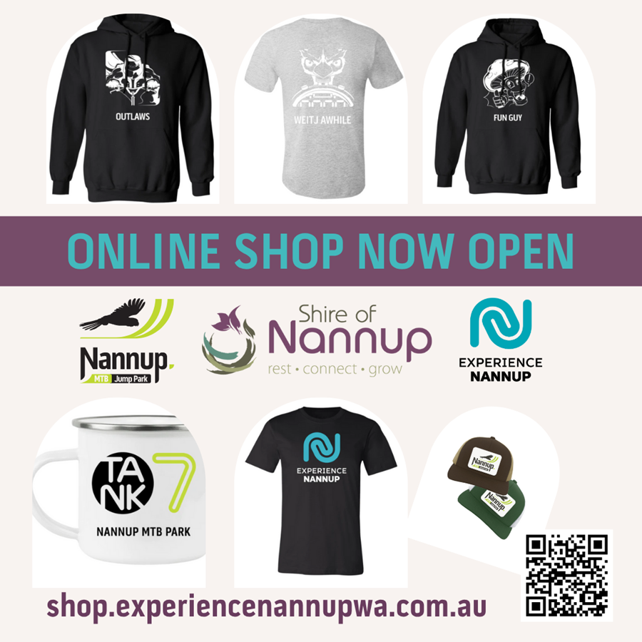 Photo: Welcome to Experience Nannup WA's online merchandise store! Shop our exclusive merch and help keep Nannup Tank 7 MTB Park at its best! Every purchase supports trail maintenance, new features, and the Shire of Nannup’s Trail Town vision.